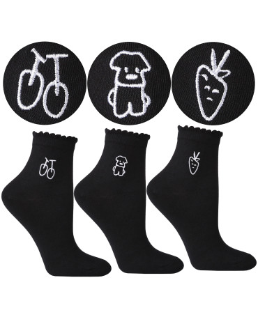 Damskie skarpetki z białym haftem za kostkę 3-pak