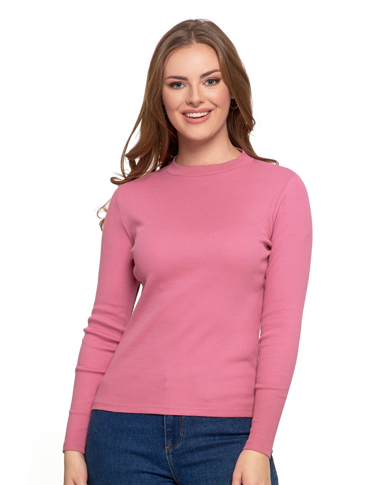 Damska bluzka prążkowana ze stójką bawełniana RÓŻOWY