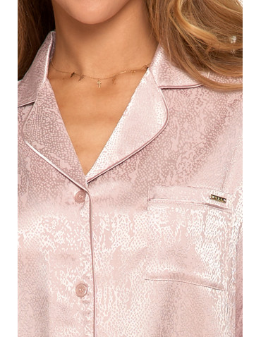 Długi rękaw - Satynowa piżama damska ze wzorem i spodniami palazzo RÓŻOWY - produkt 5