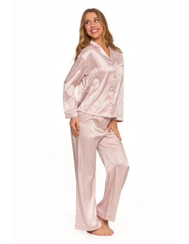 Długi rękaw - Satynowa piżama damska ze wzorem i spodniami palazzo RÓŻOWY - produkt 7