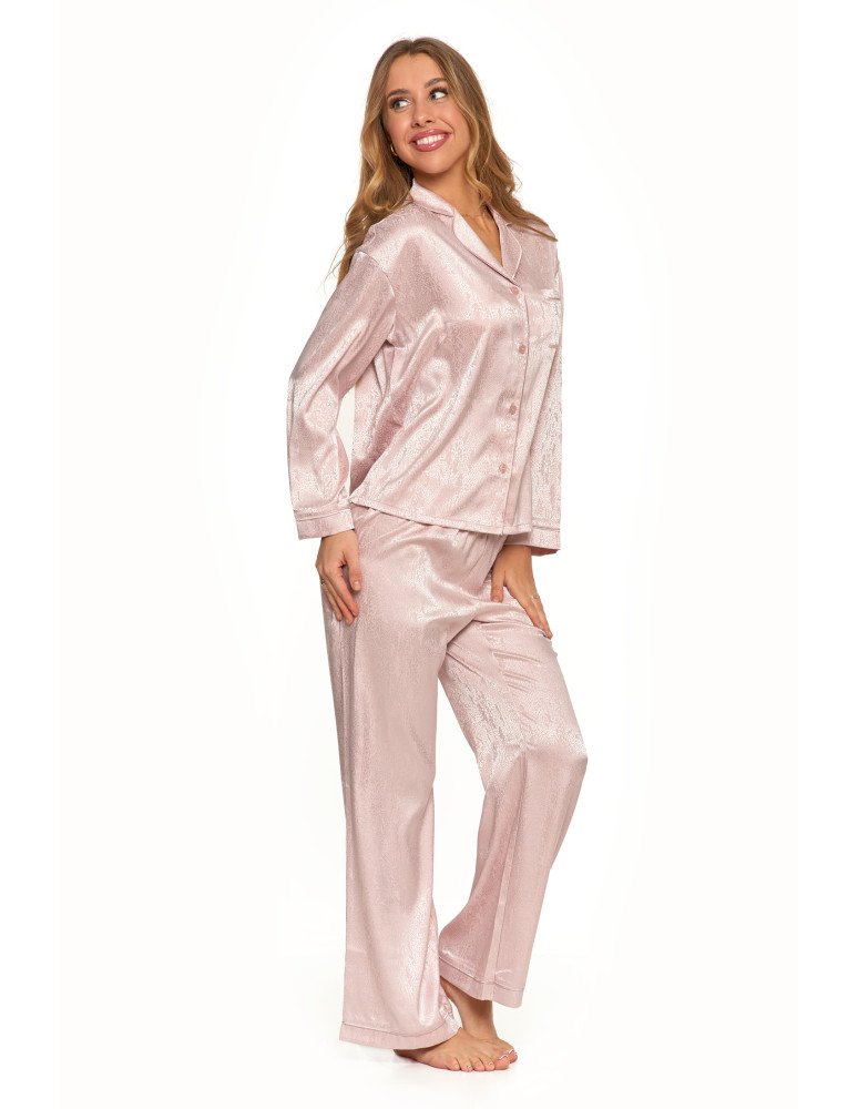 Długi rękaw - Satynowa piżama damska ze wzorem i spodniami palazzo RÓŻOWY  - produkt moraj.pl 7