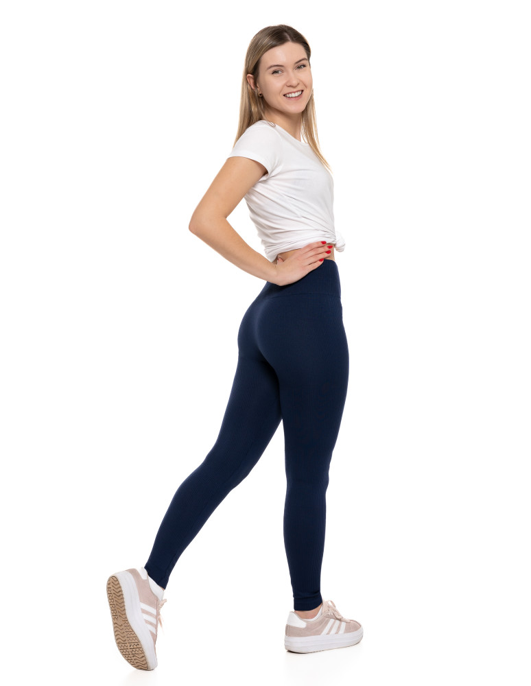 Legginsy damskie - Legginsy damskie z wysokim stanem prążkowane sportowe GRANATOWY - produkt moraj.pl 2
