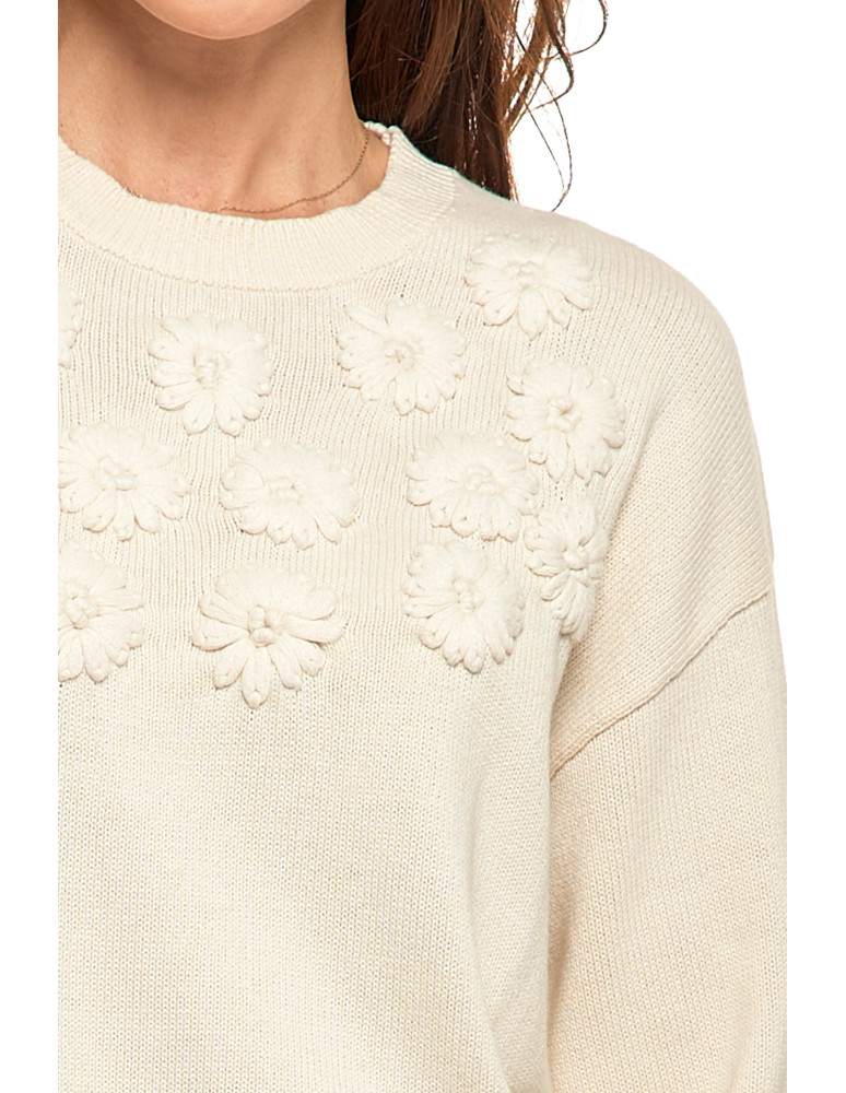 Swetry i kardigany - Sweter damski bawełniany oversize z aplikacją kwiatową KREMOWY  - produkt moraj.pl 2