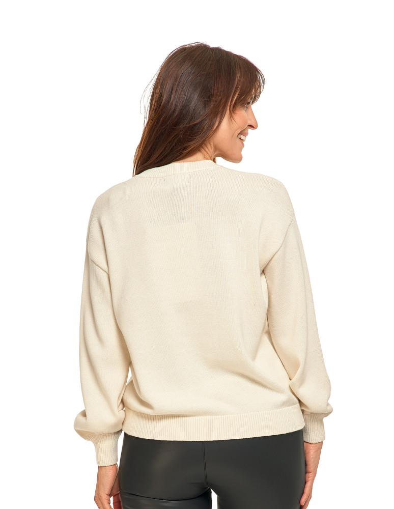 Swetry i kardigany - Sweter damski bawełniany oversize z aplikacją kwiatową KREMOWY  - produkt moraj.pl 4