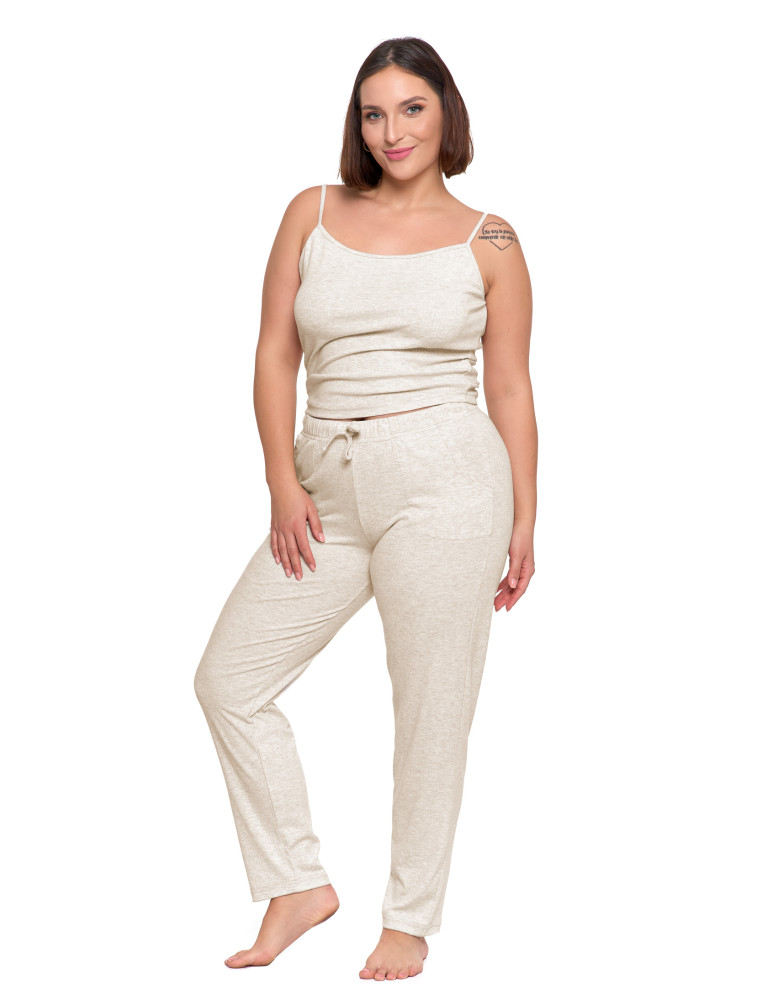 Na ramiączkach - Piżama damska na ramiączkach prążkowana dzianina Plus Size BEŻOWY - produkt moraj.pl 1