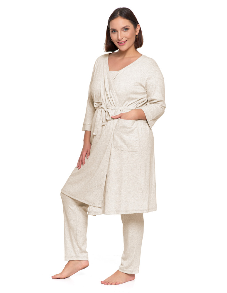 Krótki szlafrok damski Plus Size z prążkowanej dzianiny BEŻOWY