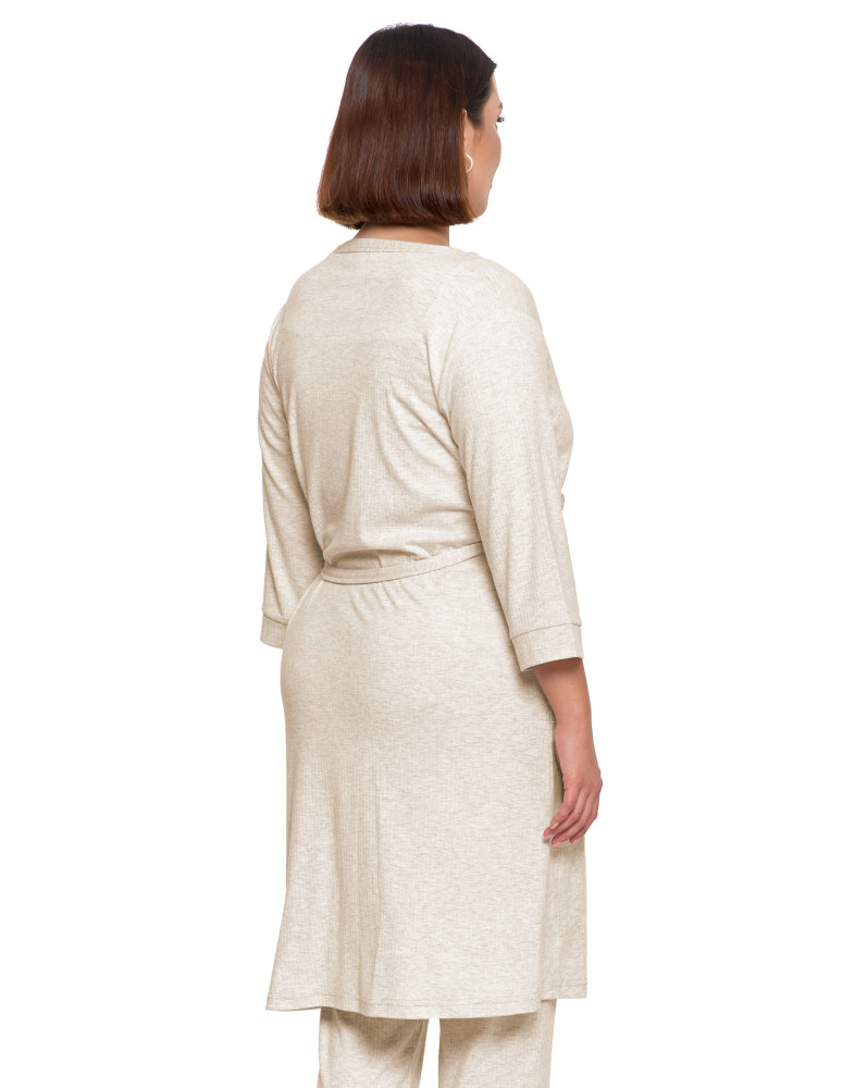 Szlafroki - Krótki szlafrok damski Plus Size z prążkowanej dzianiny BEŻOWY - produkt moraj.pl 3