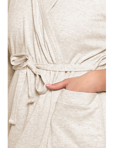 Szlafroki - Krótki szlafrok damski Plus Size z prążkowanej dzianiny BEŻOWY - produkt 4
