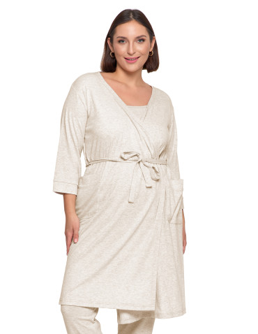 Szlafroki - Krótki szlafrok damski Plus Size z prążkowanej dzianiny BEŻOWY - produkt 5