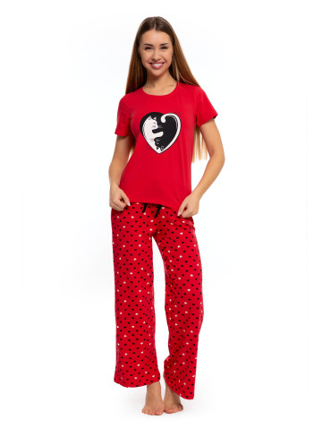 Piżama damska z nadrukiem kota i serduszek