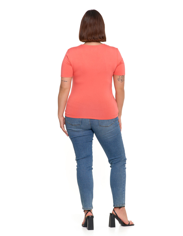 Bluzki i koszule - Bluzka damska z dekoltem w serek wiskozowa bez wzoru POMARAŃCZOWY - produkt moraj.pl 3