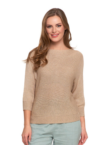 Swetry i kardigany - Sweter damski ażurowy z dekoltem łódkowym BEŻOWY - produkt 1