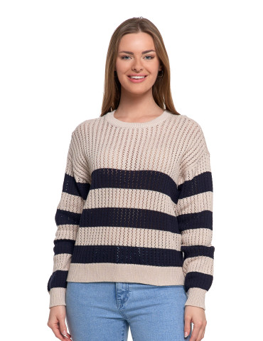 Nowości - Sweter damski ażurowy bawełniany w paski BEŻOWY - produkt 1