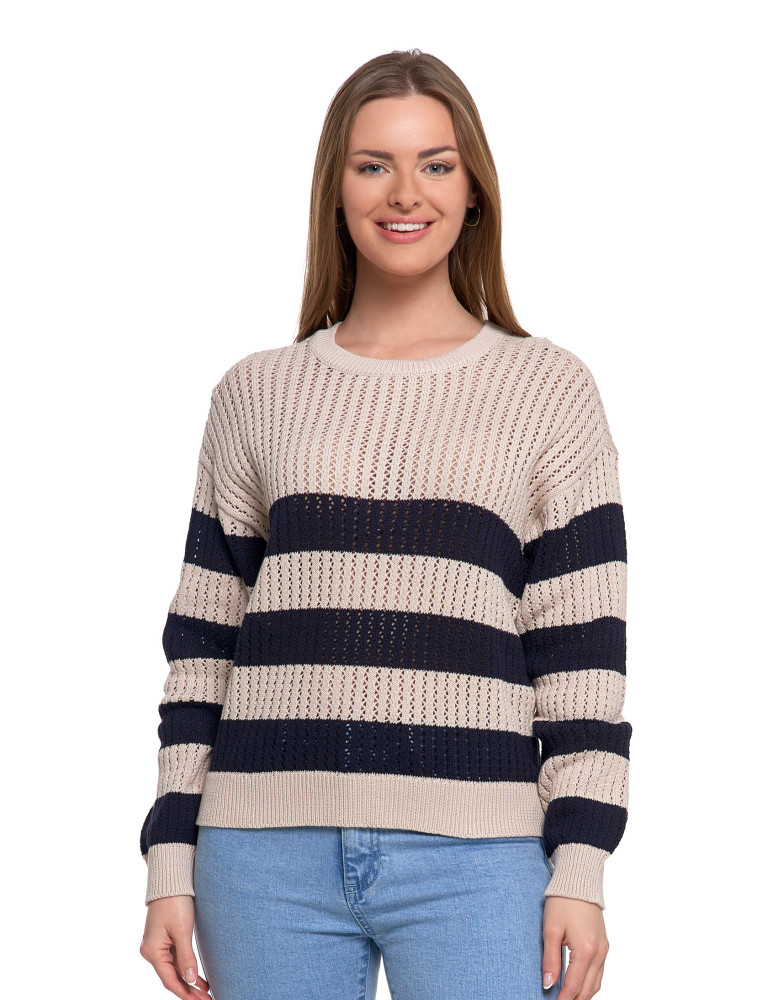 Nowości - Sweter damski ażurowy bawełniany w paski BEŻOWY - produkt moraj.pl 1