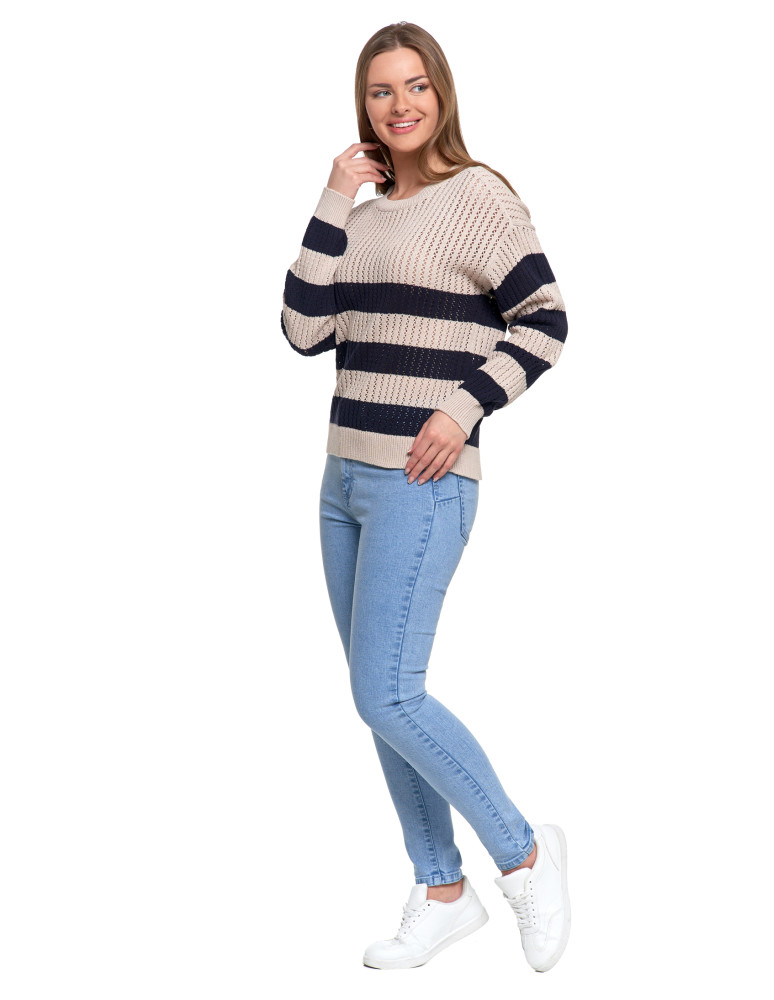 Nowości - Sweter damski ażurowy bawełniany w paski BEŻOWY  - produkt moraj.pl 2