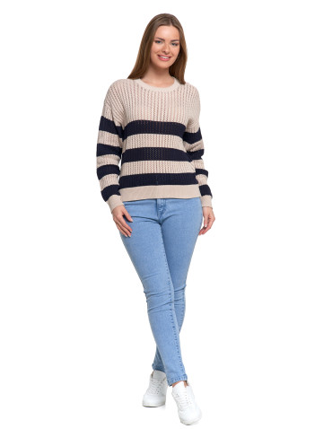 Nowości - Sweter damski ażurowy bawełniany w paski BEŻOWY - produkt 3