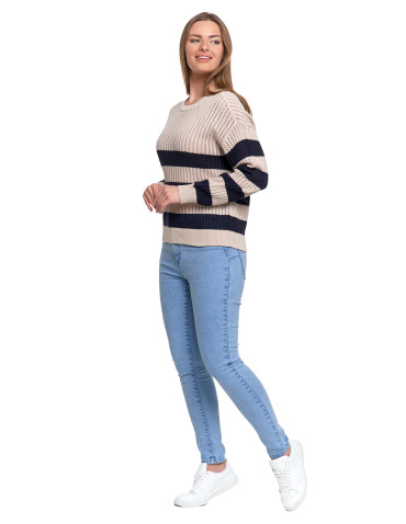 Nowości - Sweter damski ażurowy bawełniany w paski BEŻOWY - produkt 4