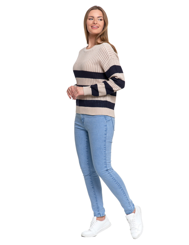 Nowości - Sweter damski ażurowy bawełniany w paski BEŻOWY  - produkt moraj.pl 4