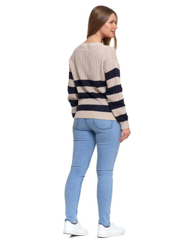 Nowości - Sweter damski ażurowy bawełniany w paski BEŻOWY - produkt 5