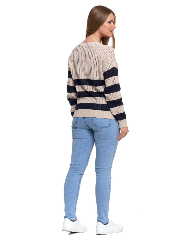 Nowości - Sweter damski ażurowy bawełniany w paski BEŻOWY  - produkt moraj.pl 5