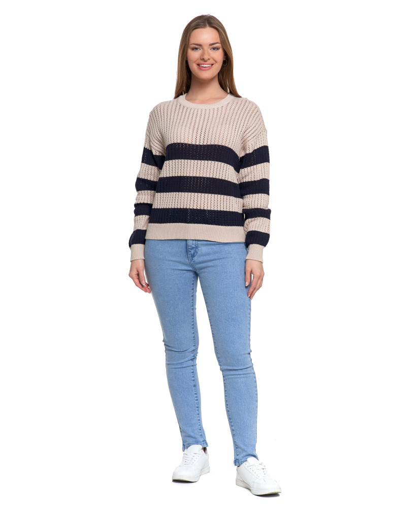 Nowości - Sweter damski ażurowy bawełniany w paski BEŻOWY  - produkt moraj.pl 6