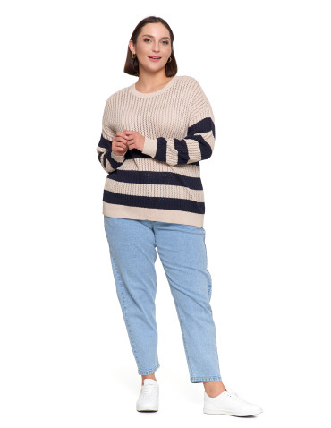 Nowości - Sweter damski ażurowy bawełniany w paski BEŻOWY - produkt 7