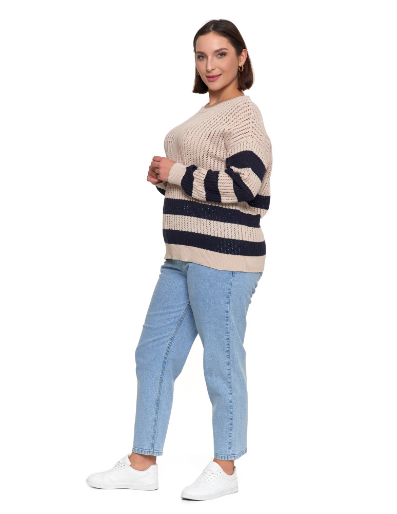 Nowości - Sweter damski ażurowy bawełniany w paski BEŻOWY  - produkt moraj.pl 8