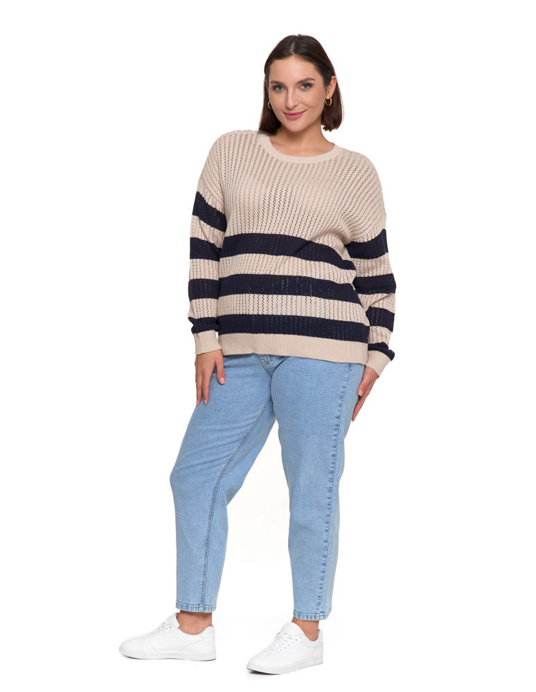 Nowości - Sweter damski ażurowy bawełniany w paski BEŻOWY  - produkt moraj.pl 9