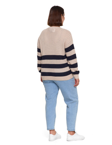 Nowości - Sweter damski ażurowy bawełniany w paski BEŻOWY - produkt 10