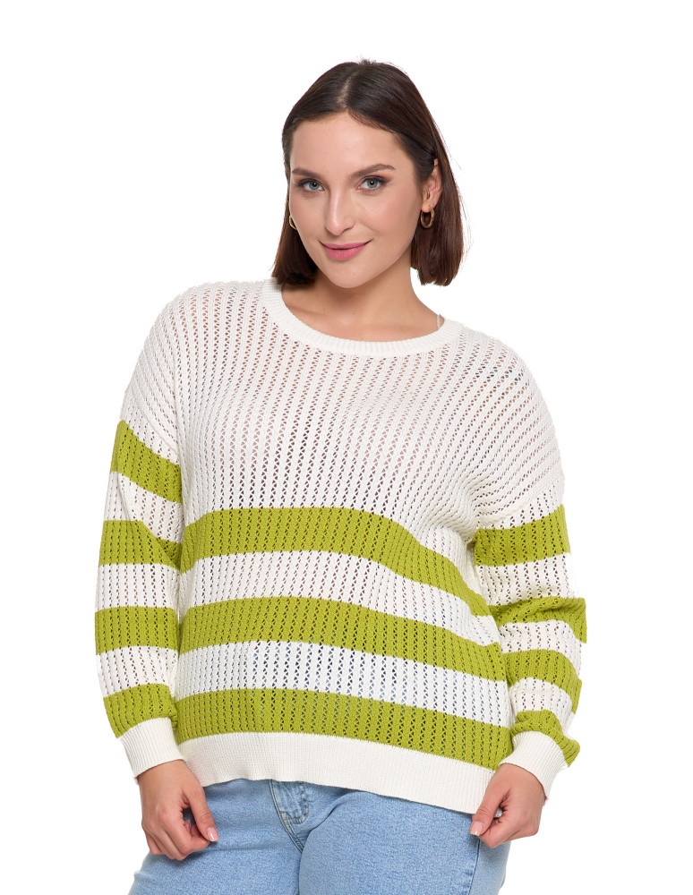 Sweter damski ażurowy bawełniany w paski BIAŁY