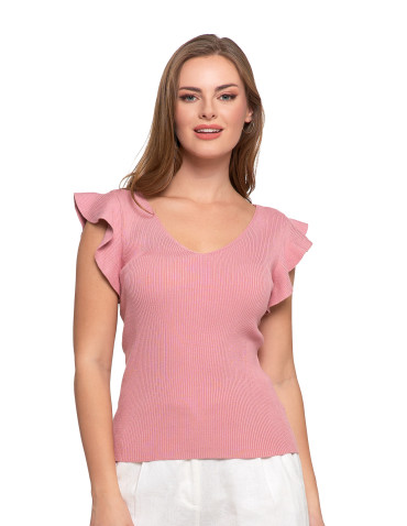 Dzianinowa bluzka z prążkowanej wiskozy z falbankami