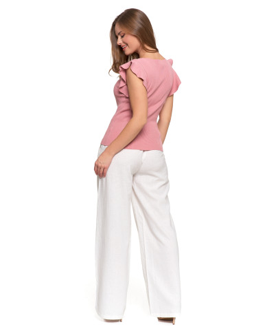 Bluzki i koszule - Dzianinowa bluzka z prążkowanej wiskozy z falbankami RÓŻOWY - produkt 5