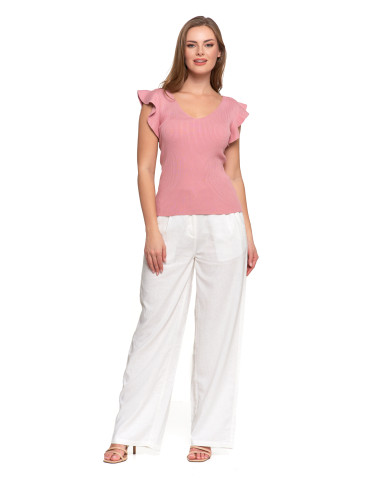 Bluzki i koszule - Dzianinowa bluzka z prążkowanej wiskozy z falbankami RÓŻOWY - produkt 6