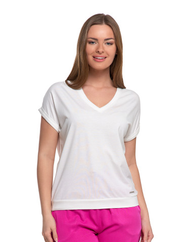 Koszulki i T-shirty - Bawełniana bluzka damska z domieszką modalu i dekoltem V BIAŁY - produkt 1