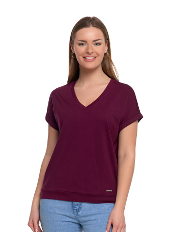 Koszulki i T-shirty - Bawełniana bluzka damska z domieszką modalu i dekoltem V FIOLETOWY - produkt 1