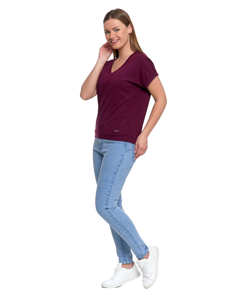 Koszulki i T-shirty - Bawełniana bluzka damska z domieszką modalu i dekoltem V FIOLETOWY  - produkt moraj.pl 2