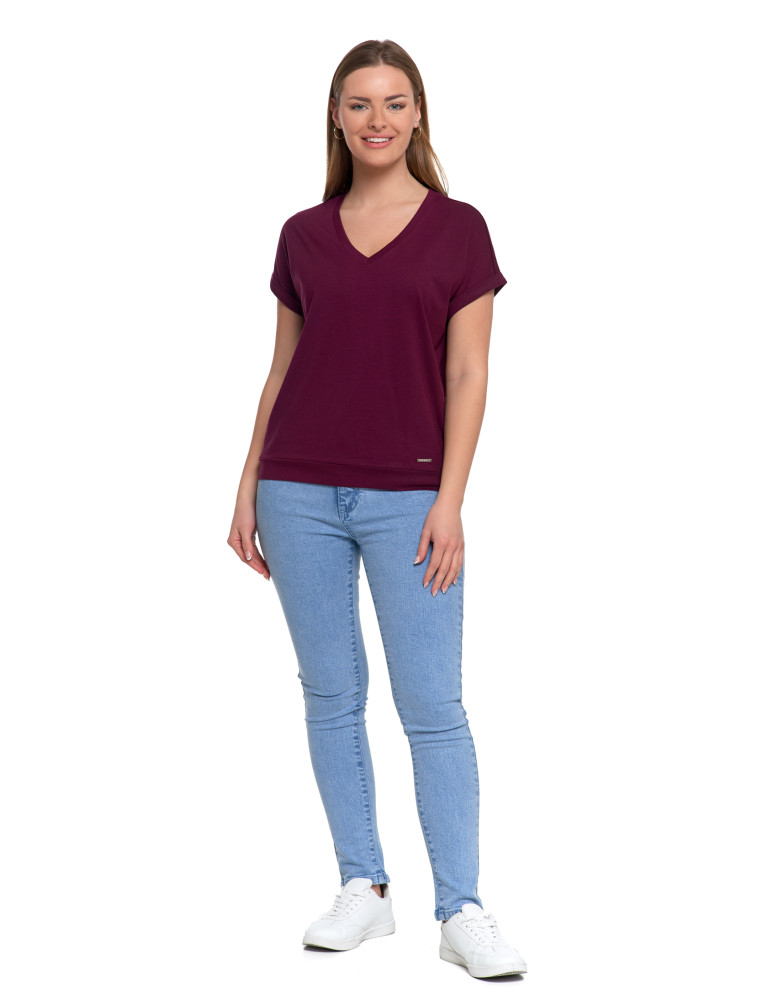 Koszulki i T-shirty - Bawełniana bluzka damska z domieszką modalu i dekoltem V FIOLETOWY  - produkt moraj.pl 4