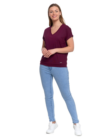 Koszulki i T-shirty - Bawełniana bluzka damska z domieszką modalu i dekoltem V FIOLETOWY - produkt 5