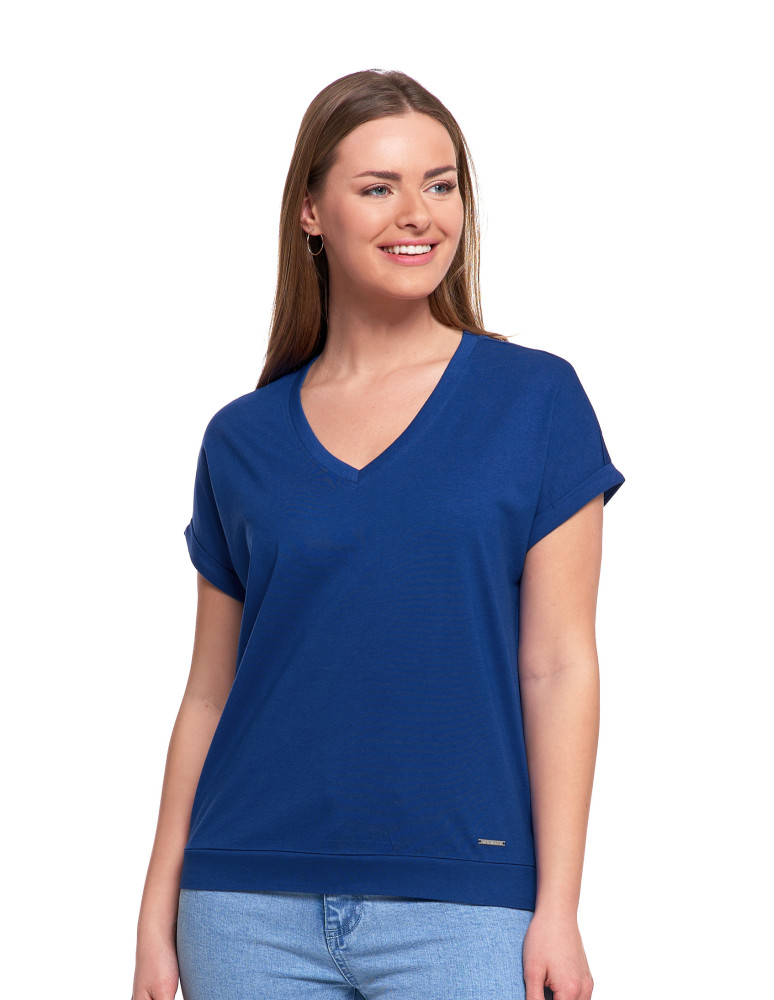 Koszulki i T-shirty - Bawełniana bluzka damska z domieszką modalu i dekoltem V NIEBIESKI - produkt moraj.pl 1