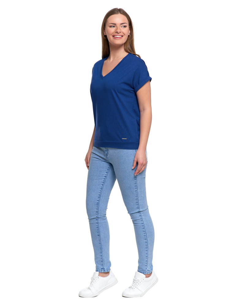 Koszulki i T-shirty - Bawełniana bluzka damska z domieszką modalu i dekoltem V NIEBIESKI  - produkt moraj.pl 2