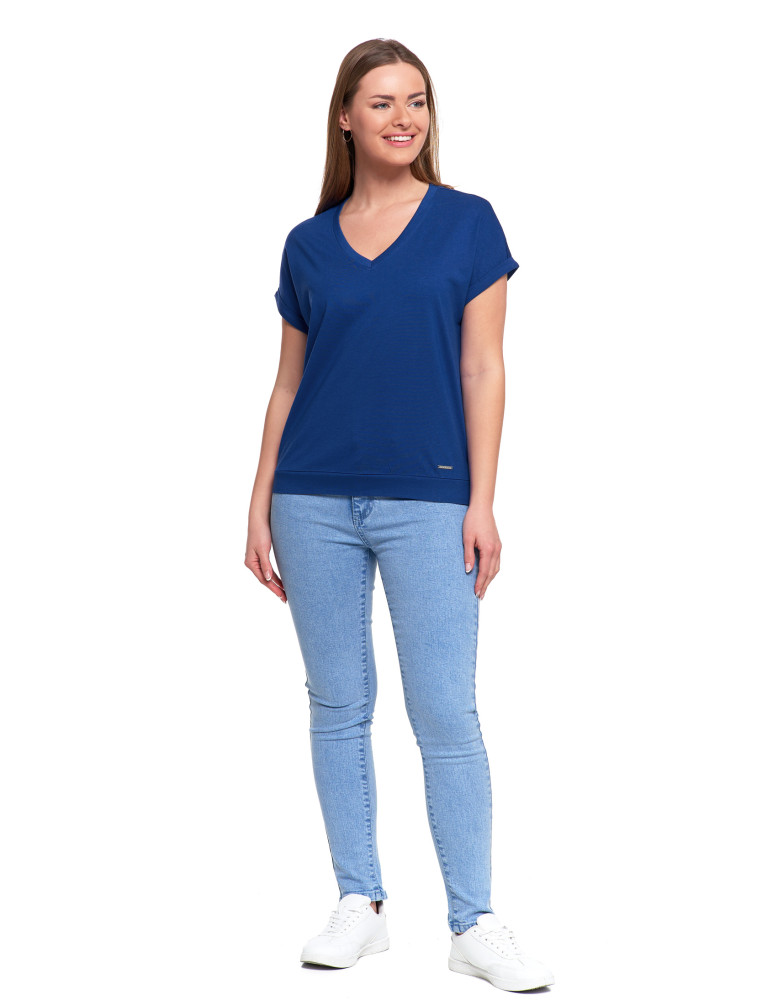 Koszulki i T-shirty - Bawełniana bluzka damska z domieszką modalu i dekoltem V NIEBIESKI  - produkt moraj.pl 4