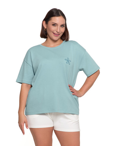 Koszulki i T-shirty - T-shirt damski luźny z haftowanym kwiatkiem NIEBIESKI - produkt 1