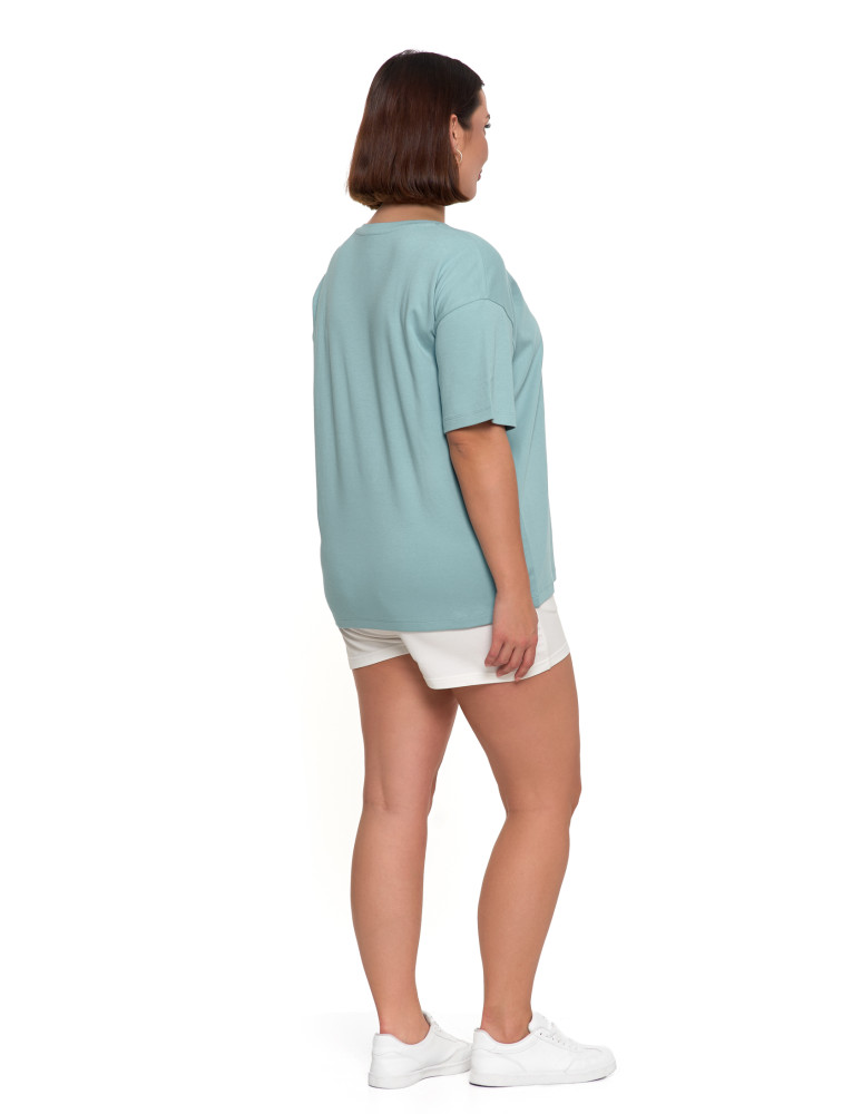 Koszulki i T-shirty - T-shirt damski luźny z haftowanym kwiatkiem NIEBIESKI - produkt moraj.pl 3