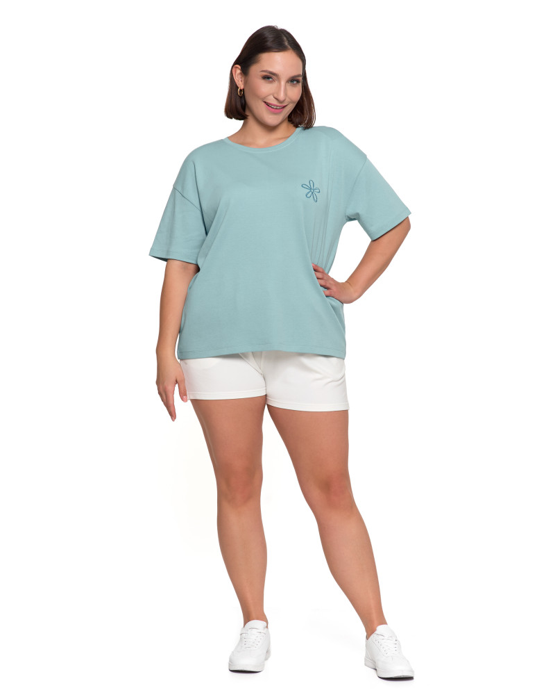 Koszulki i T-shirty - T-shirt damski luźny z haftowanym kwiatkiem NIEBIESKI - produkt moraj.pl 4