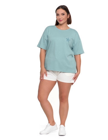 Koszulki i T-shirty - T-shirt damski luźny z haftowanym kwiatkiem NIEBIESKI - produkt 5