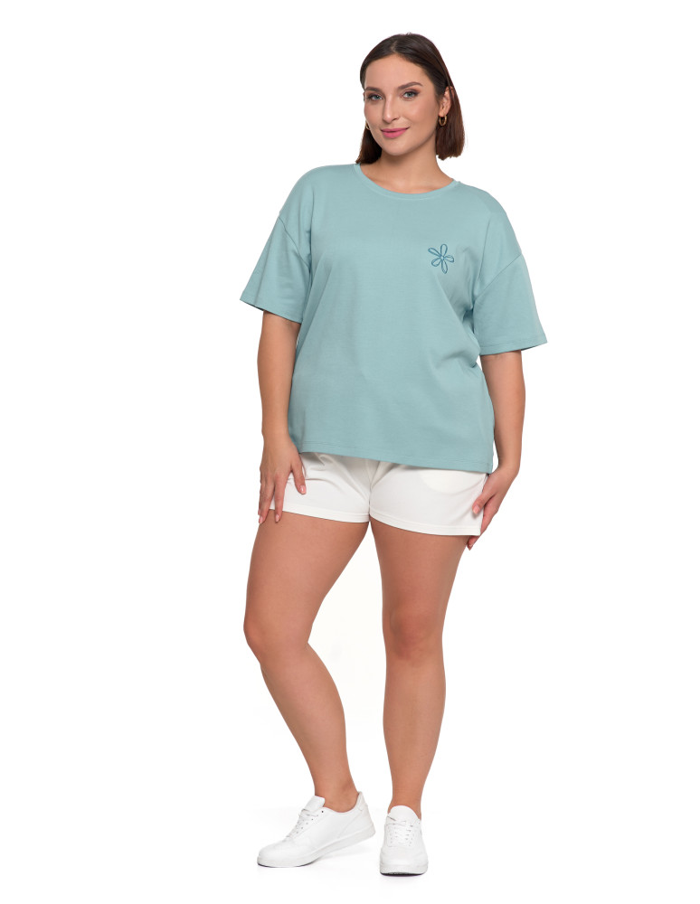 Koszulki i T-shirty - T-shirt damski luźny z haftowanym kwiatkiem NIEBIESKI - produkt moraj.pl 5