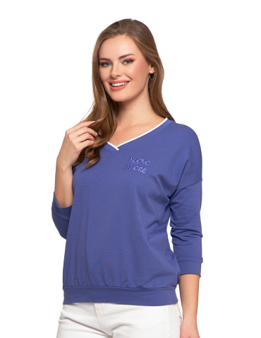 Bluzki i koszule - Bluzka damska bawełniana z rękawem 3/4 i efektowynym haftem NIEBIESKI - produkt 1