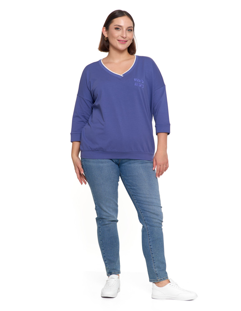 Bluzki i koszule - Bluzka damska bawełniana z rękawem 3/4 i efektowynym haftem NIEBIESKI  - produkt moraj.pl 10