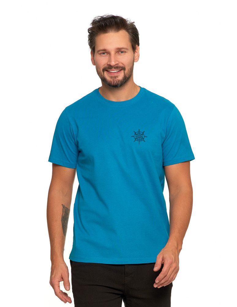 T-shirt męski bawełniany z marynistycznym motywem TURKUSOWY