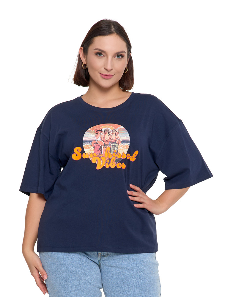 Koszulki i T-shirty - T-shirt damski oversize z nadrukiem GRANATOWY - produkt moraj.pl 1